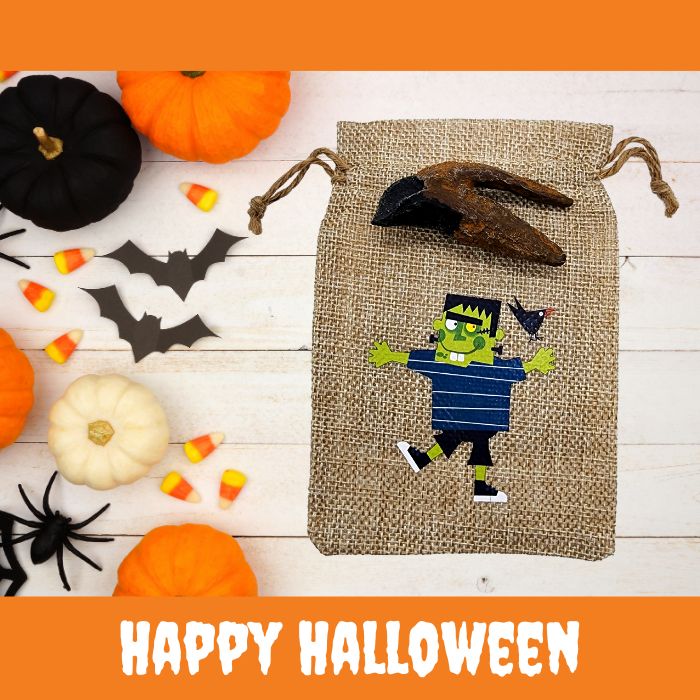 Triceratops Tooth Cast with Halloween Gift Bag and Artwork - Frankenstein