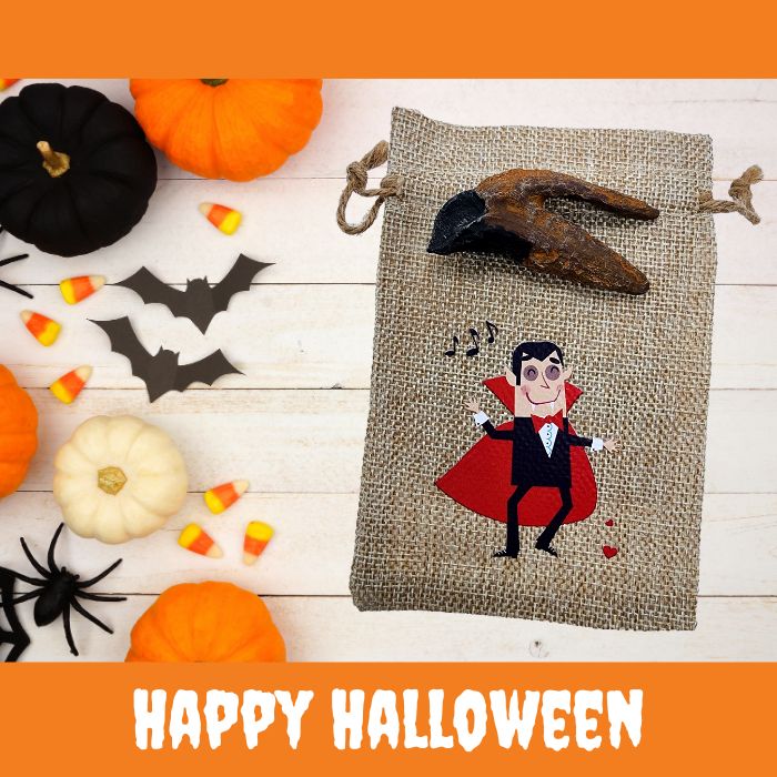 Triceratops Tooth Cast with Halloween Gift Bag and Artwork - Vampire