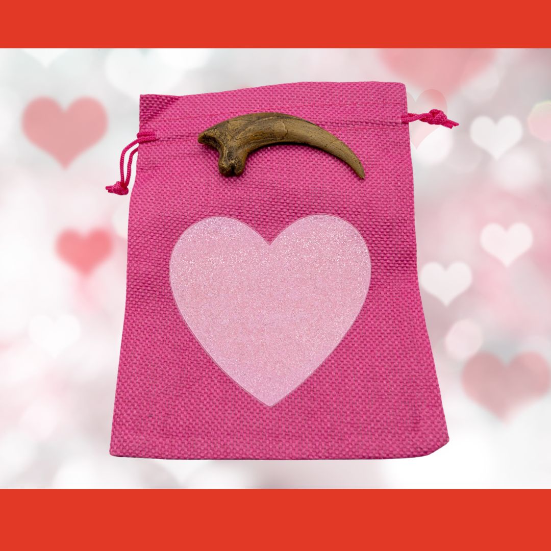Deinonychus claw cast with Hot Pink Bag/Light Pink Heart gift bag.