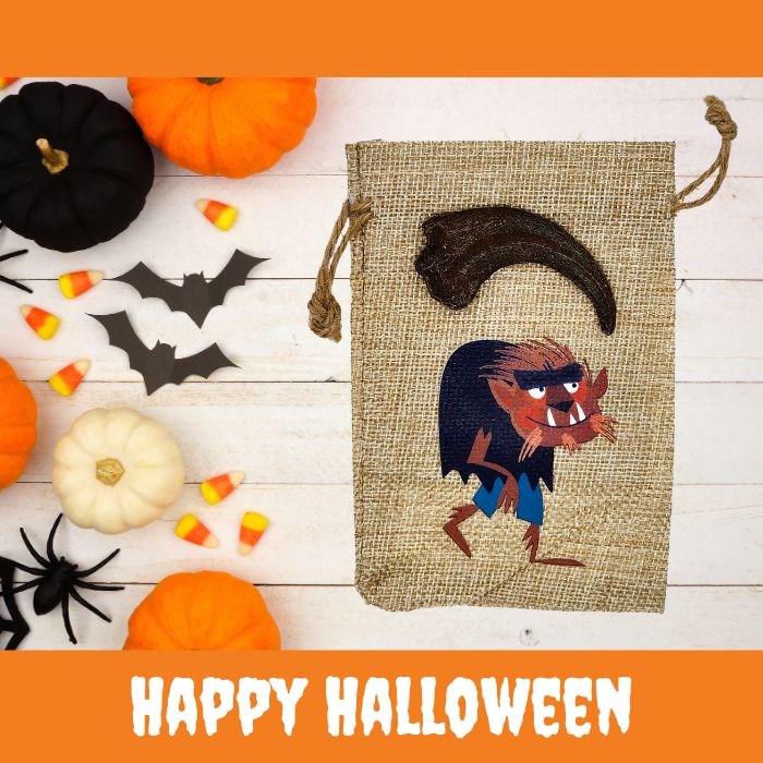 Dromaeosaurus Hand Claw Cast with Halloween Gift Bag and Artwork - Werewolf