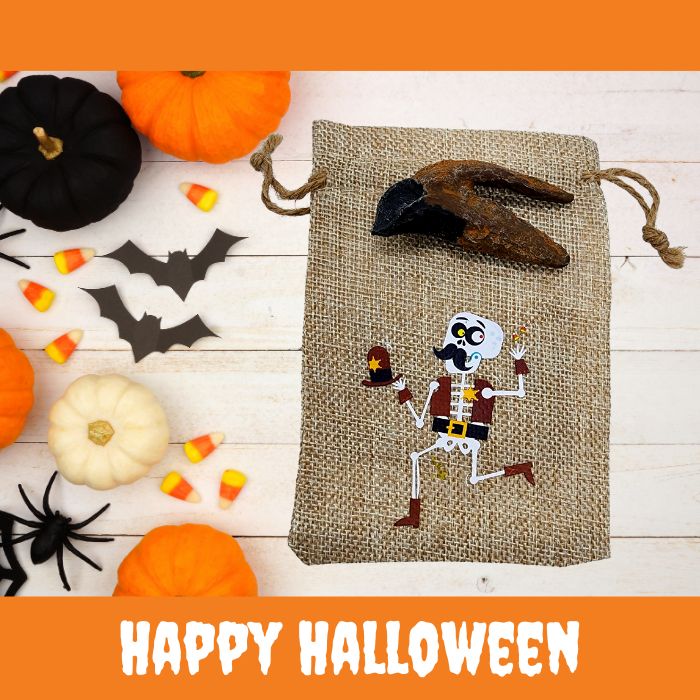 Triceratops Tooth Cast with Halloween Gift Bag and Artwork - Skeleton Sheriff