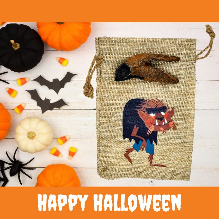 Triceratops Tooth Cast with Halloween Gift Bag and Artwork - Werewolf
