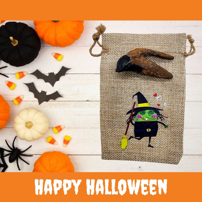 Triceratops Tooth Claw Cast with Halloween Gift Bag and Artwork - Witch Tooth