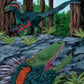 Exclusive Deinonychus paleoart in green feathers in a forest that comes with the Deinonychus killing claw cast