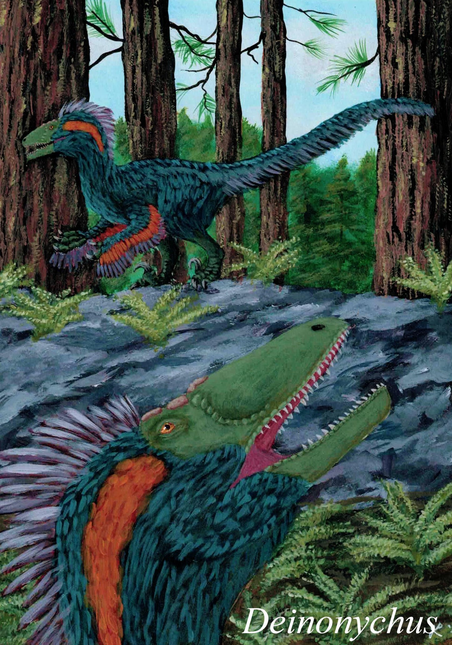 Exclusive Deinonychus paleoart in green feathers in a forest that comes with the Deinonychus killing claw cast